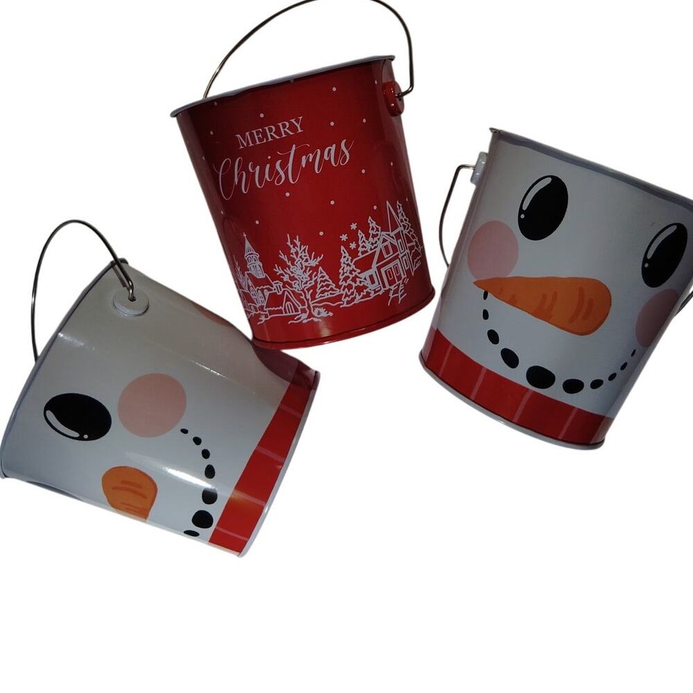 3 Metal Buckets Snowman & Christmas Village Theme Tin Pails 4.5"H x 4.375"D Top